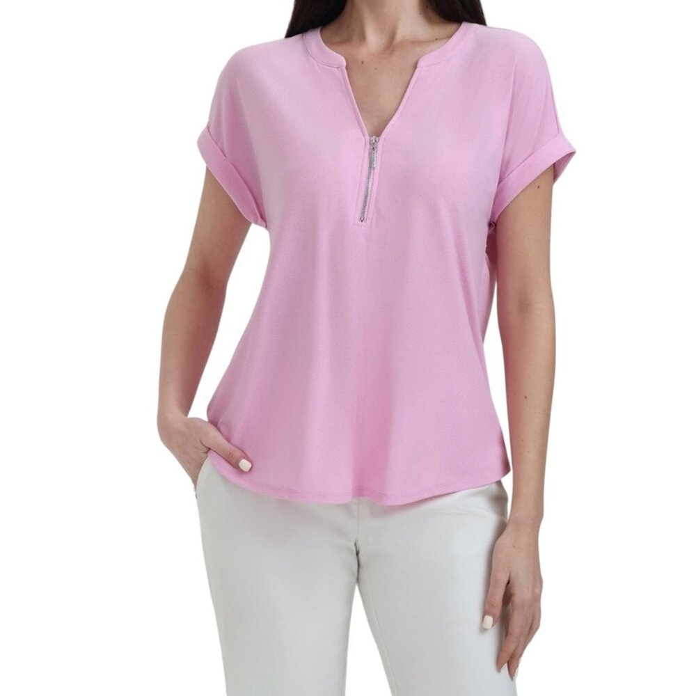 89th and Madison Women’s Pastel Lavender Zipper Neck Cool Top Zipper Blouse